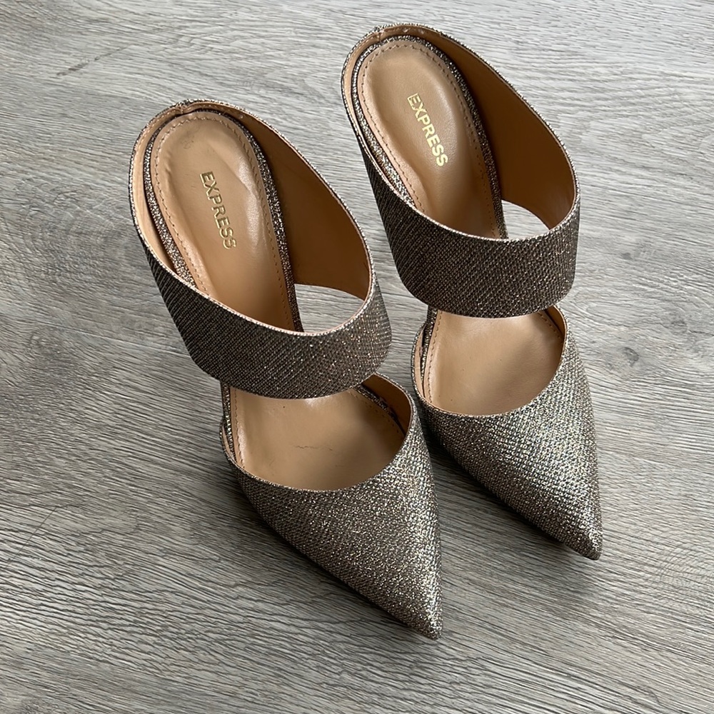 Express Size 7 Gold Sparkly Mules